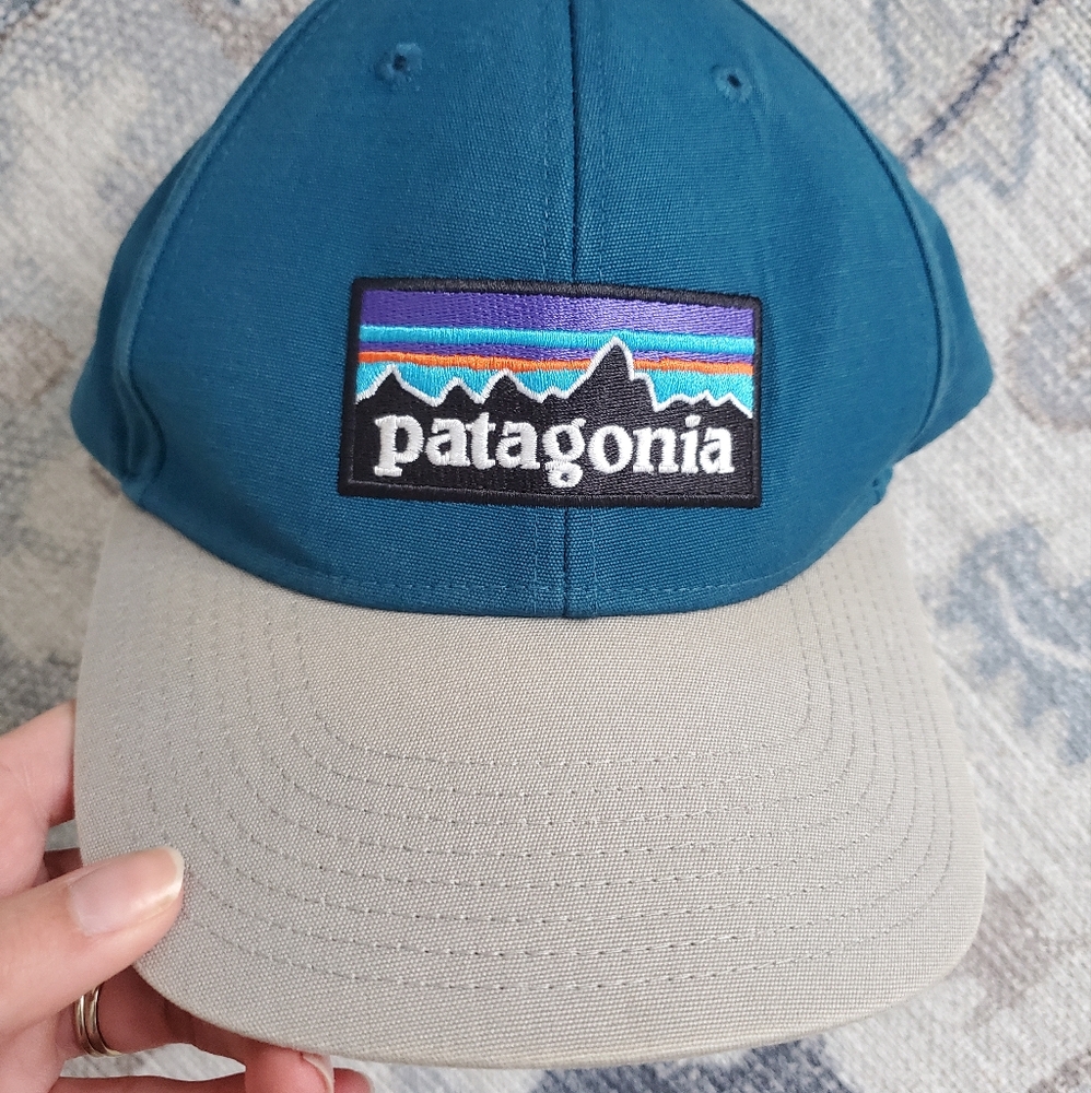 Patagonia Box Logo Ridge Teal Blue Snapback Hat Cap HTF